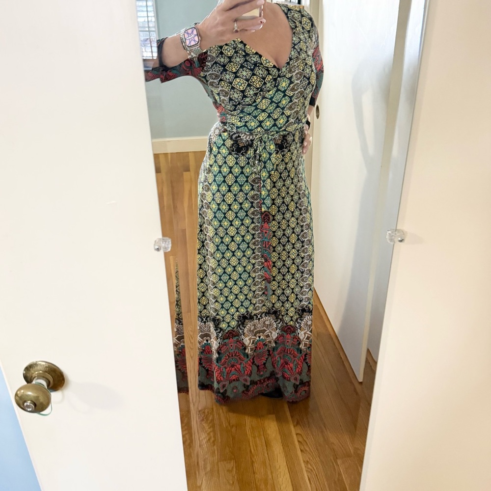 Moroccan Boho Faux Wrap Maxi Dress 🌿 | V-Neck | Belted | Statement Print - Picture 10 of 15